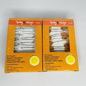 2 pks Spooky Village LED String Lights 1 Pumpkin 1 White Ghosts Black Wire